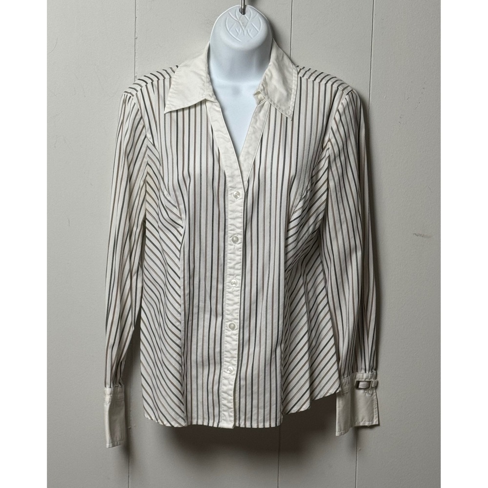 Alfani Women's Striped Button Down Shirt Long Sleeve Buckle Cuff White Size 10